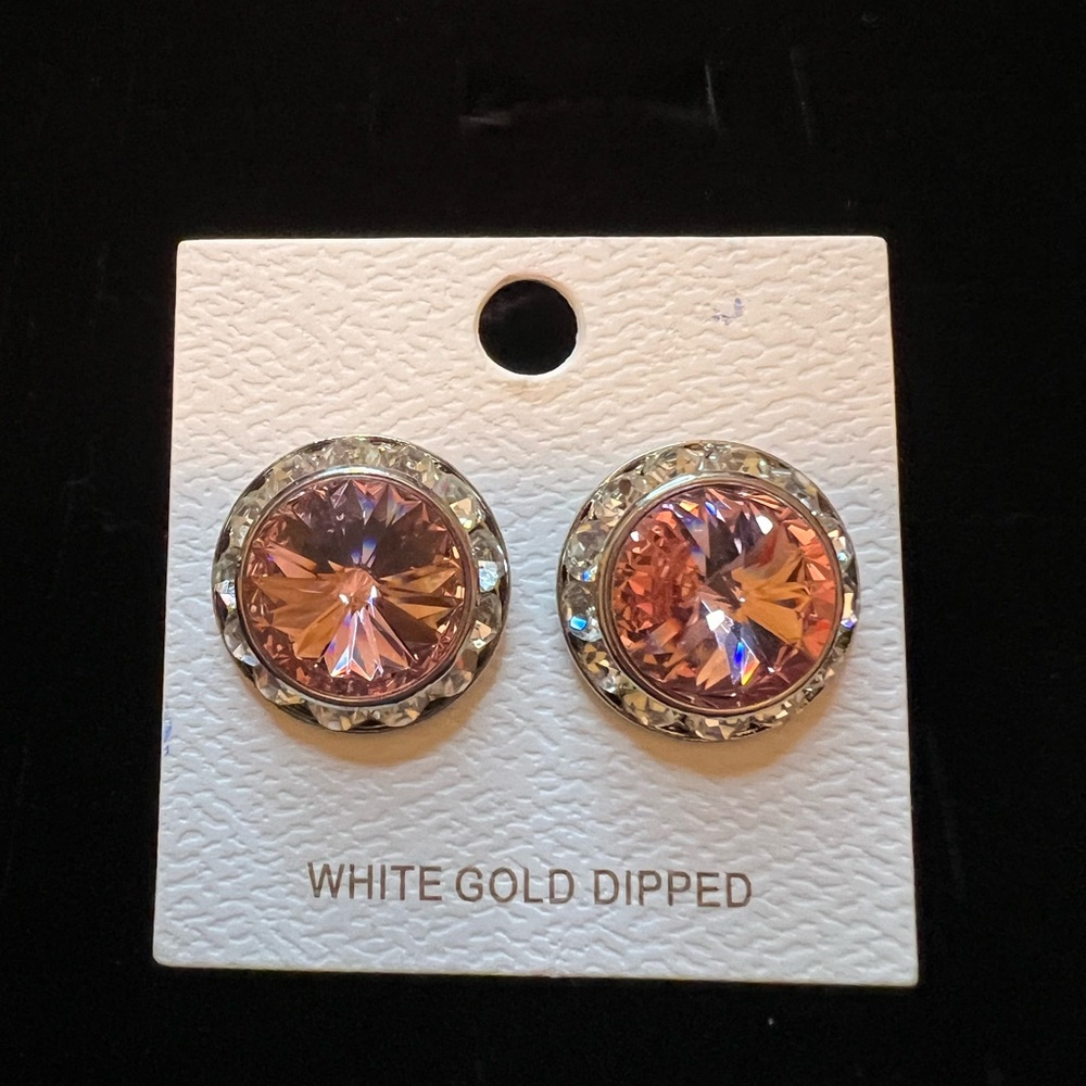 Sparkling White Gold Dipped Earrings with Pink Stones NWT